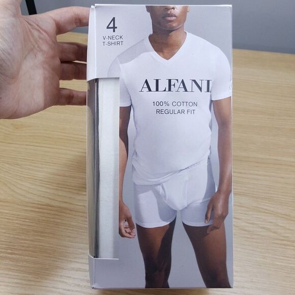 ALFANI Shirt Mens Medium Solid White 4-Pack V-Neck T-Shirt 100% Cotton Tagless - Picture 1 of 5